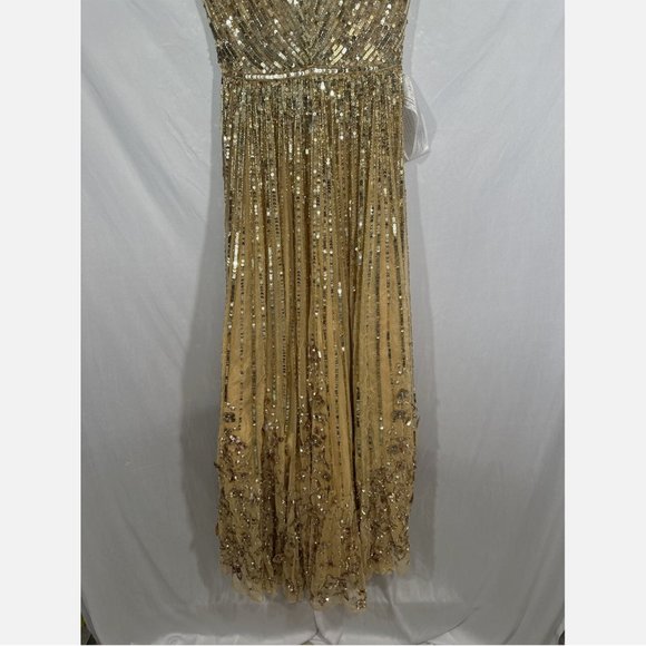 NWT $798 Mac Duggal [ 8‎ ] Sequin & Floral Embellished Evening Gown Gold - Picture 11 of 15